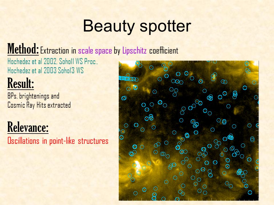 Beauty spotter Method: Extraction in scale space by Lipschitz coefficient Hochedez et al 2002, Soho11 WS Proc., Hochedez et al 2003 Soho13 WS Result: BPs, brightenings and Cosmic Ray Hits extracted Relevance: Oscillations in point-like structures