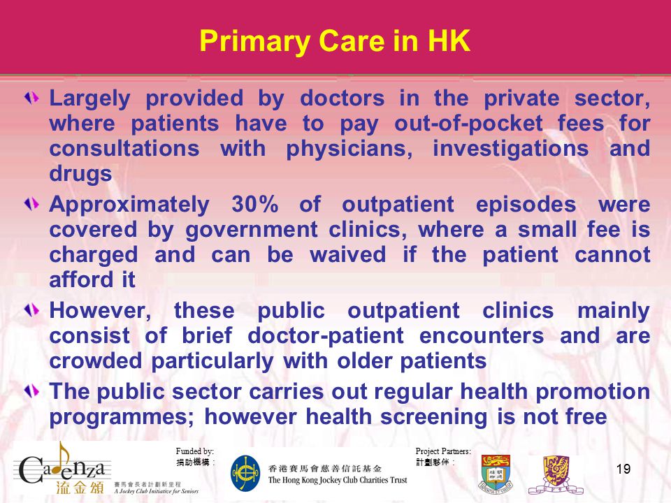 Project Partners: 計劃夥伴： Funded by: 捐助機構： 19 Primary Care in HK Largely provided by doctors in the private sector, where patients have to pay out-of-pocket fees for consultations with physicians, investigations and drugs Approximately 30% of outpatient episodes were covered by government clinics, where a small fee is charged and can be waived if the patient cannot afford it However, these public outpatient clinics mainly consist of brief doctor-patient encounters and are crowded particularly with older patients The public sector carries out regular health promotion programmes; however health screening is not free