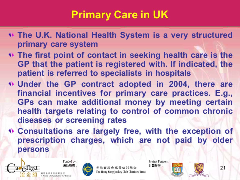 Project Partners: 計劃夥伴： Funded by: 捐助機構： 21 Primary Care in UK The U.K.