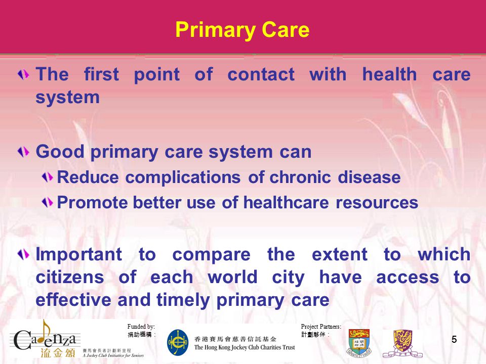 Project Partners: 計劃夥伴： Funded by: 捐助機構： 55 Primary Care The first point of contact with health care system Good primary care system can Reduce complications of chronic disease Promote better use of healthcare resources Important to compare the extent to which citizens of each world city have access to effective and timely primary care