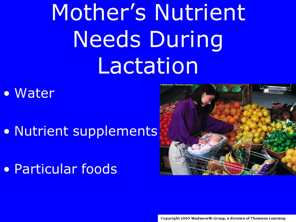 Mother’s Nutrient Needs During Lactation Energy intake and exercise Energy nutrients Vitamins and minerals Copyright 2005 Wadsworth Group, a division of Thomson Learning