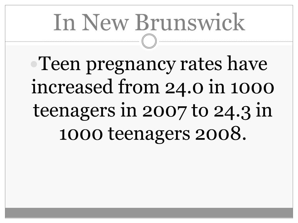 In New Brunswick Teen pregnancy rates have increased from 24.0 in 1000 teenagers in 2007 to 24.3 in 1000 teenagers 2008.