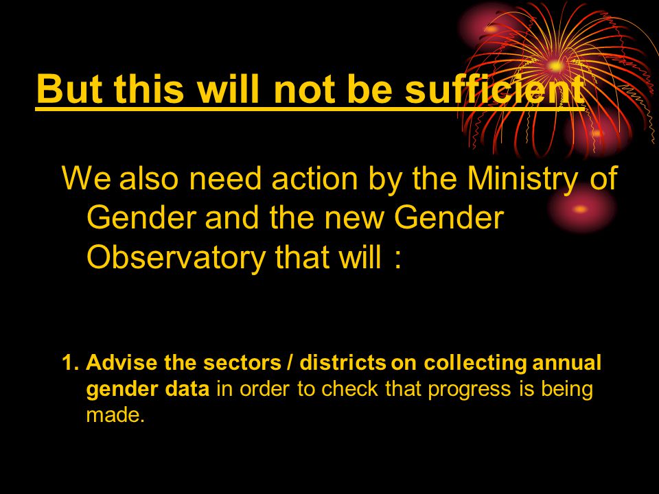 But this will not be sufficient We also need action by the Ministry of Gender and the new Gender Observatory that will : 1.Advise the sectors / districts on collecting annual gender data in order to check that progress is being made.
