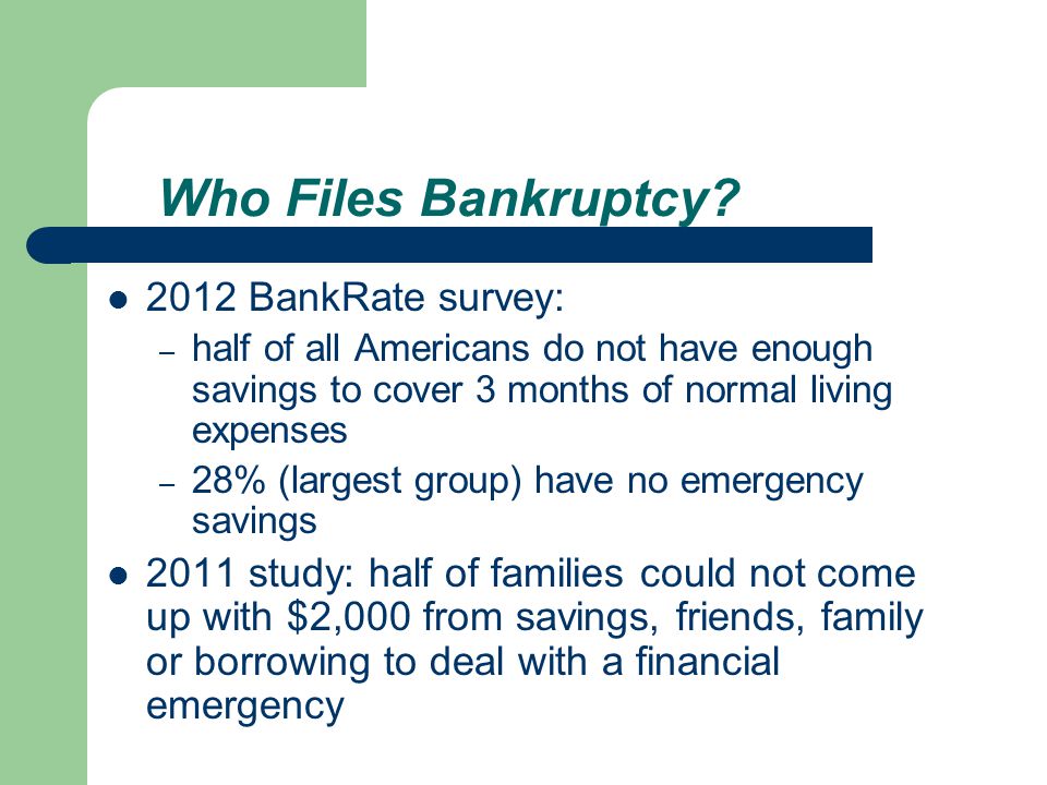 2012 BankRate survey: – half of all Americans do not have enough savings to cover 3 months of normal living expenses – 28% (largest group) have no emergency savings 2011 study: half of families could not come up with $2,000 from savings, friends, family or borrowing to deal with a financial emergency Who Files Bankruptcy