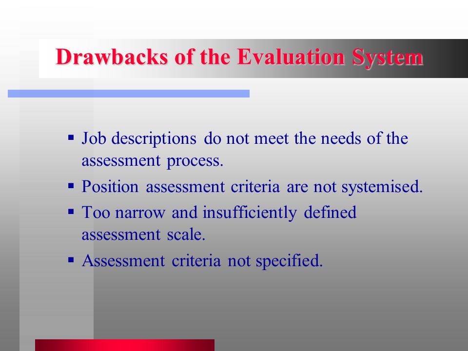 Drawbacks of the Evaluation System  Job descriptions do not meet the needs of the assessment process.
