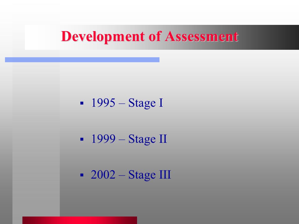 Development of Assessment  1995 – Stage I  1999 – Stage II  2002 – Stage III