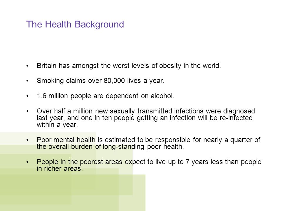 The Health Background Britain has amongst the worst levels of obesity in the world.