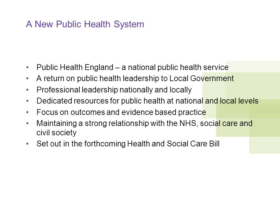 A New Public Health System Public Health England – a national public health service A return on public health leadership to Local Government Professional leadership nationally and locally Dedicated resources for public health at national and local levels Focus on outcomes and evidence based practice Maintaining a strong relationship with the NHS, social care and civil society Set out in the forthcoming Health and Social Care Bill