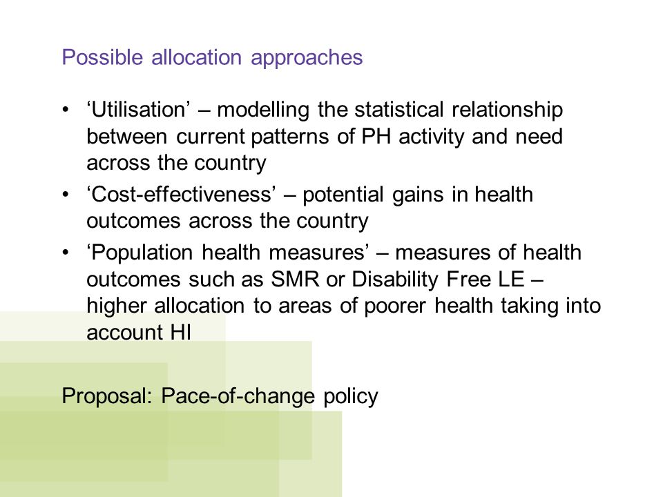 Possible allocation approaches ‘Utilisation’ – modelling the statistical relationship between current patterns of PH activity and need across the country ‘Cost-effectiveness’ – potential gains in health outcomes across the country ‘Population health measures’ – measures of health outcomes such as SMR or Disability Free LE – higher allocation to areas of poorer health taking into account HI Proposal: Pace-of-change policy