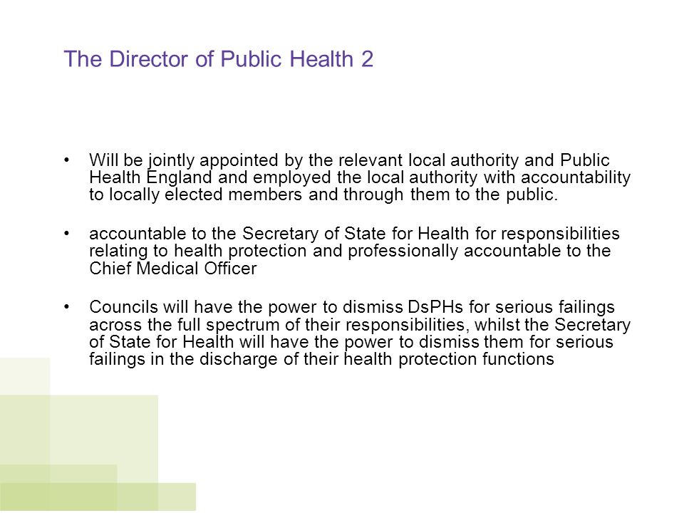 The Director of Public Health 2 Will be jointly appointed by the relevant local authority and Public Health England and employed the local authority with accountability to locally elected members and through them to the public.
