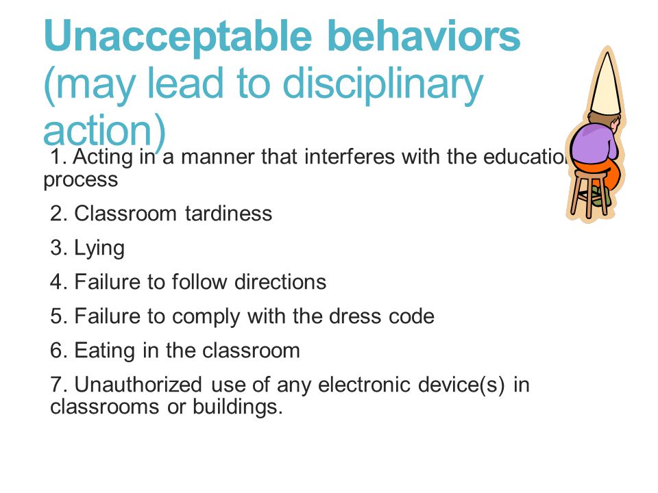 Unacceptable behaviors (may lead to disciplinary action) 1.