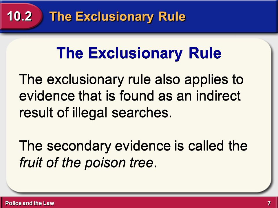 Police and the Law 7 7 The Exclusionary Rule 10.2 The Exclusionary Rule The exclusionary rule also applies to evidence that is found as an indirect result of illegal searches.