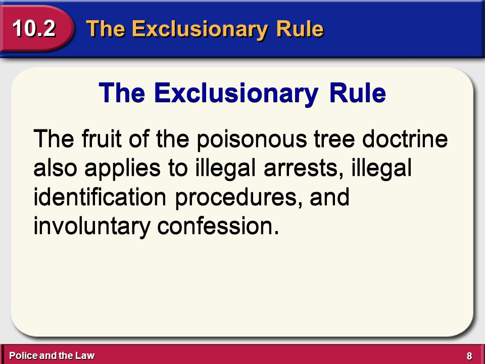 Police and the Law 8 8 The Exclusionary Rule 10.2 The Exclusionary Rule The fruit of the poisonous tree doctrine also applies to illegal arrests, illegal identification procedures, and involuntary confession.