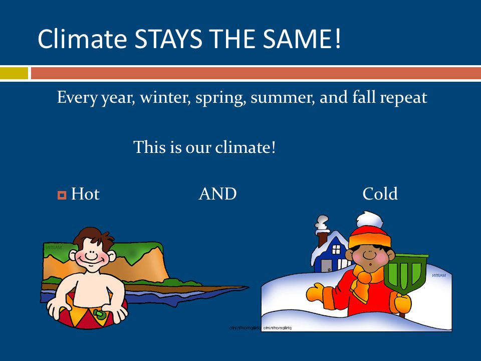 Climate STAYS THE SAME. Every year, winter, spring, summer, and fall repeat This is our climate.