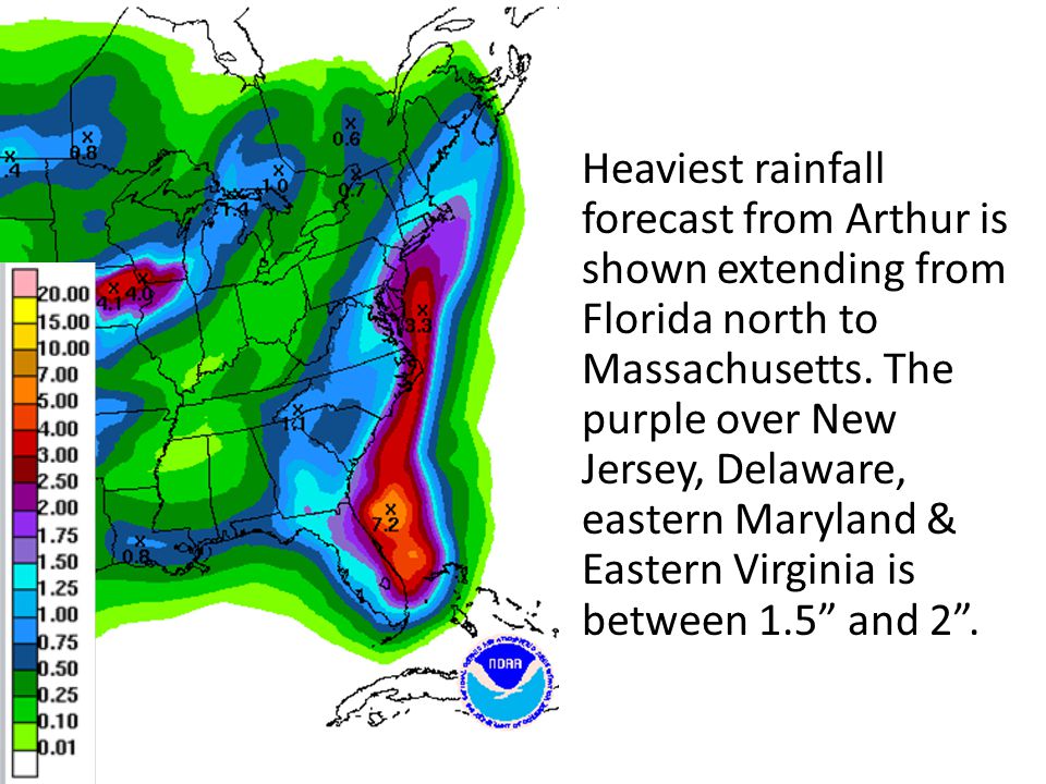 Heaviest rainfall forecast from Arthur is shown extending from Florida north to Massachusetts.
