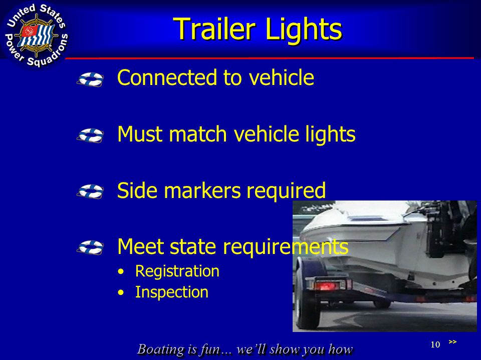 Boating is fun… we’ll show you how Trailer Lights Connected to vehicle Must match vehicle lights Side markers required Meet state requirements Registration Inspection >> 10