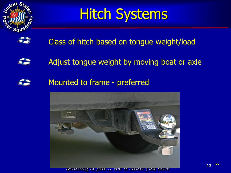 Boating is fun… we’ll show you how Hitch Systems Class of hitch based on tongue weight/load Adjust tongue weight by moving boat or axle Mounted to frame - preferred >> 12