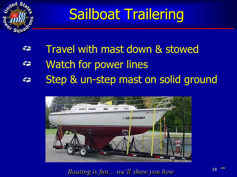 Boating is fun… we’ll show you how Sailboat Trailering Travel with mast down & stowed Watch for power lines Step & un-step mast on solid ground >> 18