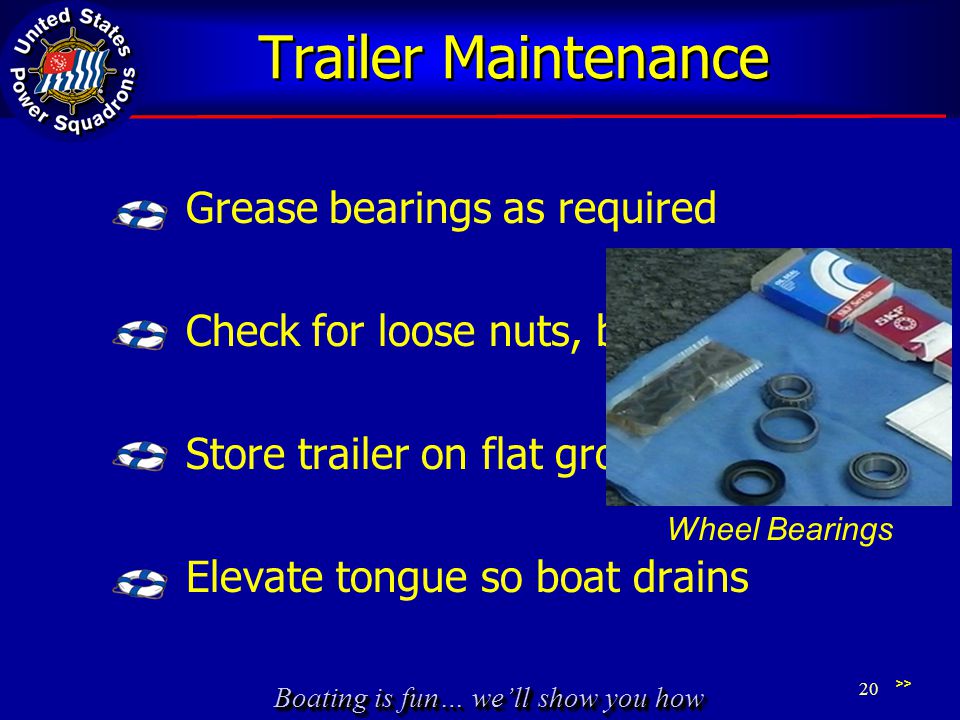 Boating is fun… we’ll show you how Trailer Maintenance Grease bearings as required Check for loose nuts, bolts, fittings Store trailer on flat ground Elevate tongue so boat drains 20 >> Wheel Bearings
