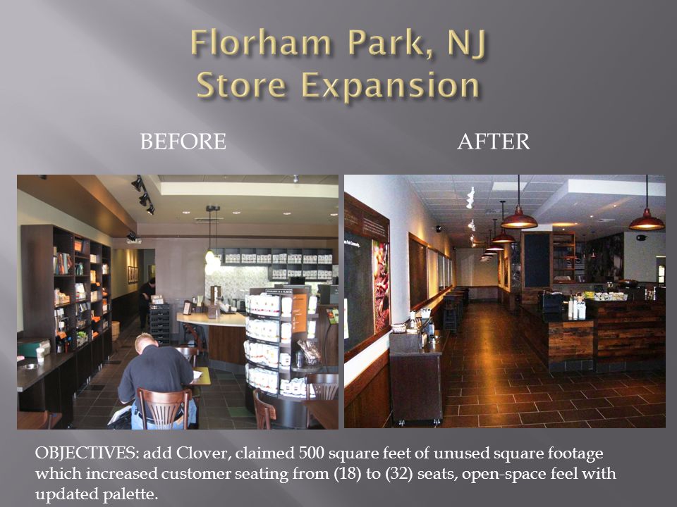 BEFOREAFTER OBJECTIVES: add Clover, claimed 500 square feet of unused square footage which increased customer seating from (18) to (32) seats, open-space feel with updated palette.