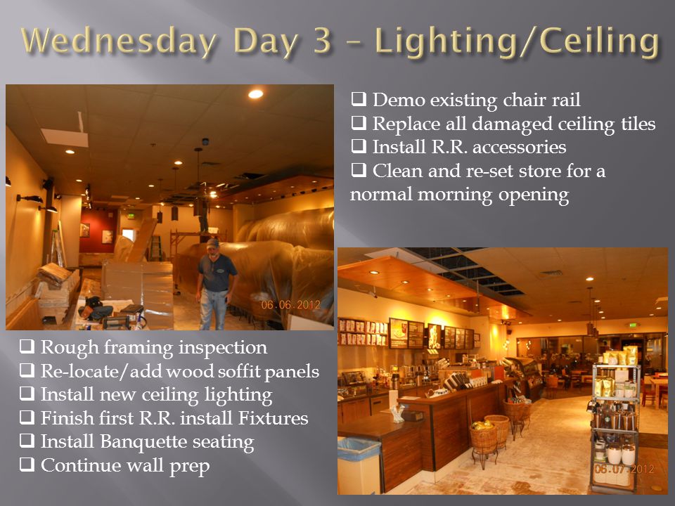  Rough framing inspection  Re-locate/add wood soffit panels  Install new ceiling lighting  Finish first R.R.