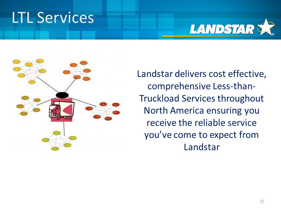 15 LTL Services Landstar delivers cost effective, comprehensive Less-than- Truckload Services throughout North America ensuring you receive the reliable service you’ve come to expect from Landstar