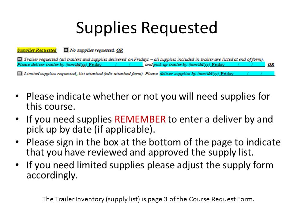 Supplies Requested Please indicate whether or not you will need supplies for this course.