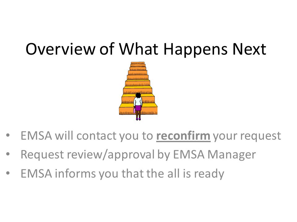 Overview of What Happens Next EMSA will contact you to reconfirm your request Request review/approval by EMSA Manager EMSA informs you that the all is ready