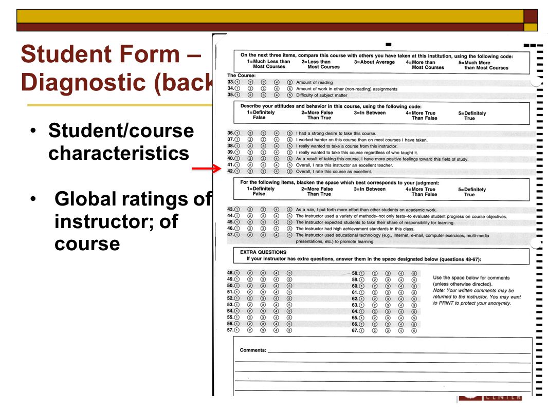 Student/course characteristics Global ratings of instructor; of course Student Form – Diagnostic (back)