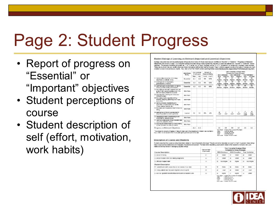 Page 2: Student Progress Report of progress on Essential or Important objectives Student perceptions of course Student description of self (effort, motivation, work habits)