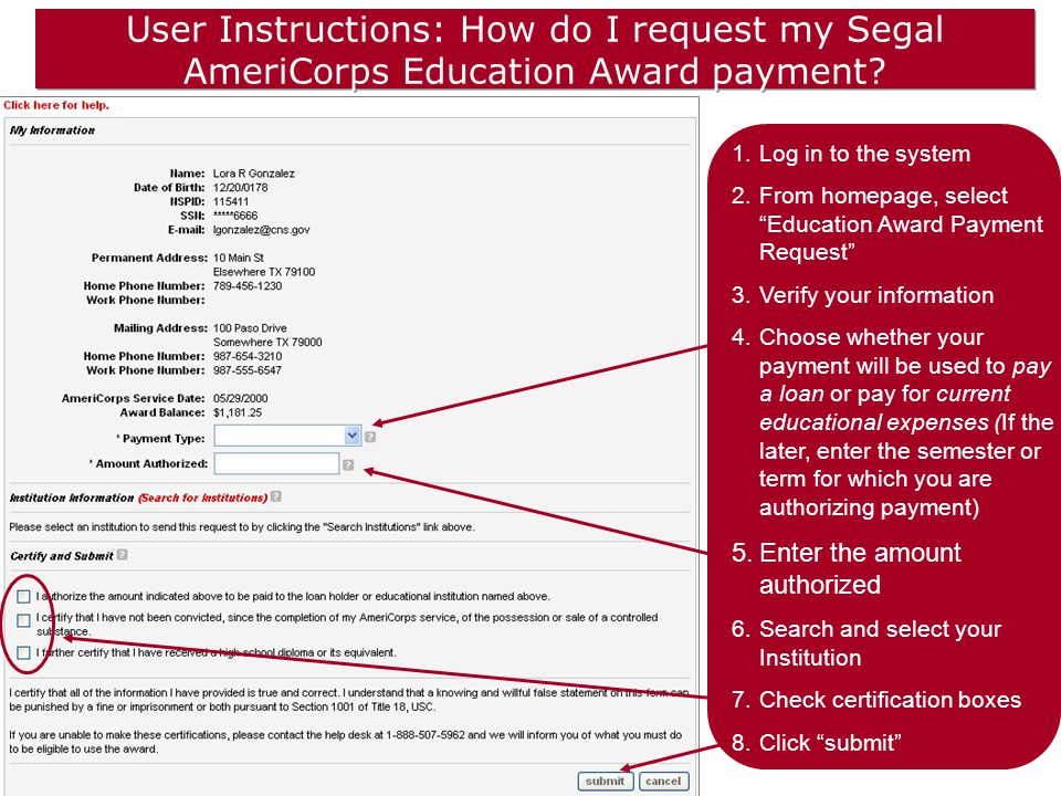 User Instructions: How do I request my Segal AmeriCorps Education Award payment.
