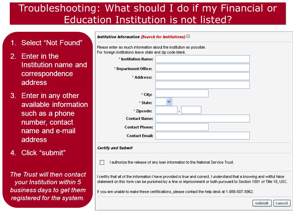 Troubleshooting: What should I do if my Financial or Education Institution is not listed.