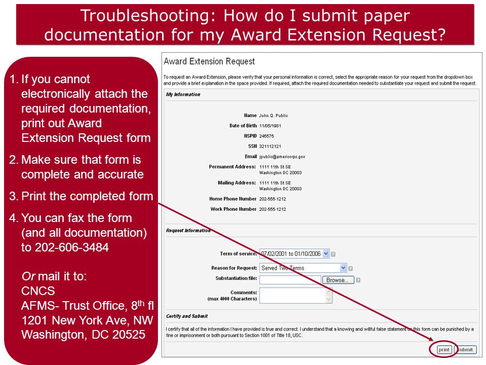Troubleshooting: How do I submit paper documentation for my Award Extension Request.
