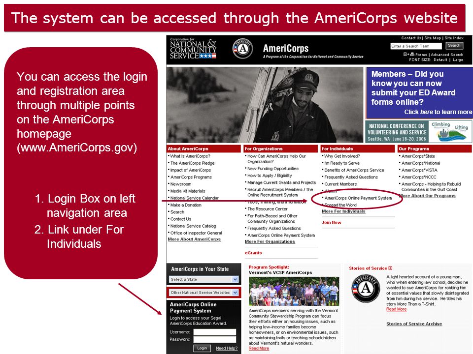The system can be accessed through the AmeriCorps website You can access the login and registration area through multiple points on the AmeriCorps homepage (  1.