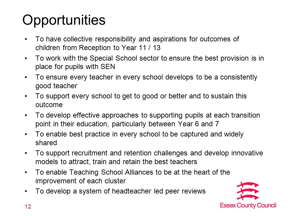 Opportunities To have collective responsibility and aspirations for outcomes of children from Reception to Year 11 / 13 To work with the Special School sector to ensure the best provision is in place for pupils with SEN To ensure every teacher in every school develops to be a consistently good teacher To support every school to get to good or better and to sustain this outcome To develop effective approaches to supporting pupils at each transition point in their education, particularly between Year 6 and 7 To enable best practice in every school to be captured and widely shared To support recruitment and retention challenges and develop innovative models to attract, train and retain the best teachers To enable Teaching School Alliances to be at the heart of the improvement of each cluster To develop a system of headteacher led peer reviews 12