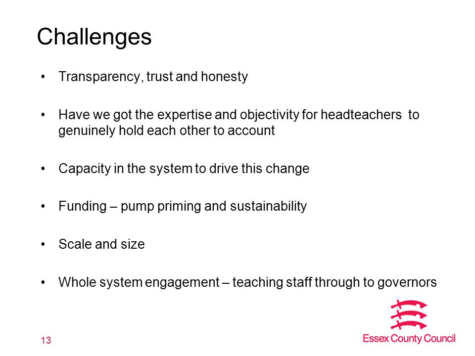 Challenges Transparency, trust and honesty Have we got the expertise and objectivity for headteachers to genuinely hold each other to account Capacity in the system to drive this change Funding – pump priming and sustainability Scale and size Whole system engagement – teaching staff through to governors 13