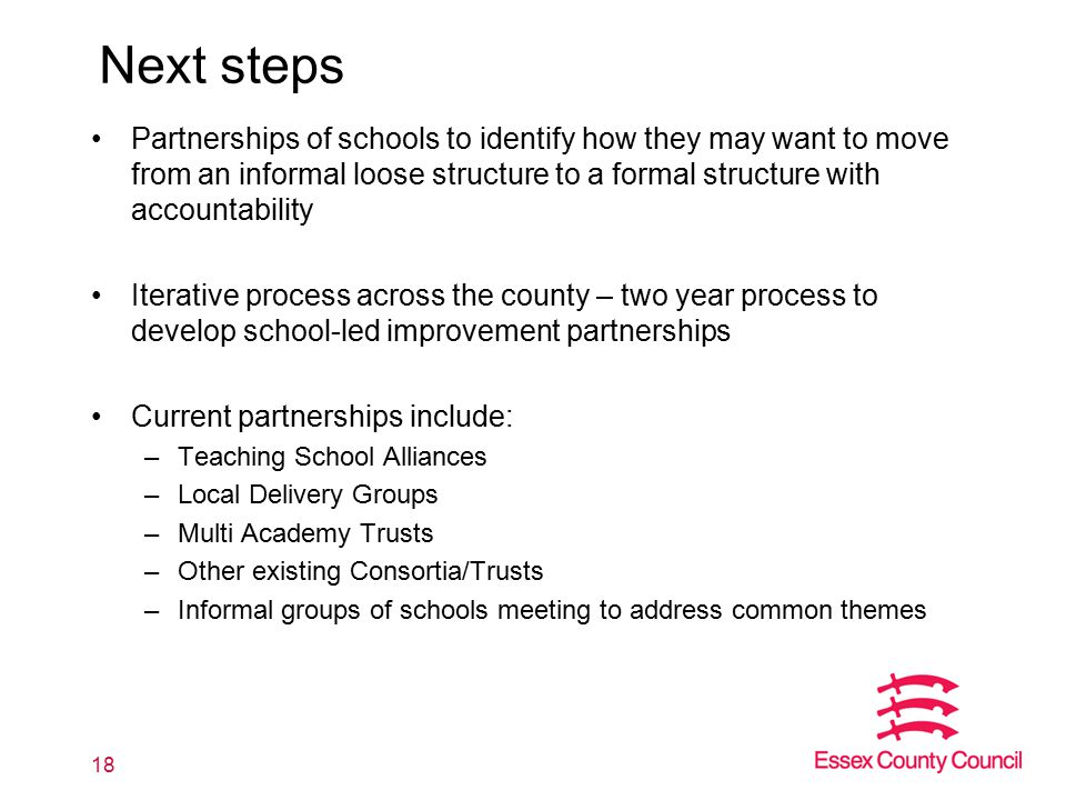 Next steps Partnerships of schools to identify how they may want to move from an informal loose structure to a formal structure with accountability Iterative process across the county – two year process to develop school-led improvement partnerships Current partnerships include: –Teaching School Alliances –Local Delivery Groups –Multi Academy Trusts –Other existing Consortia/Trusts –Informal groups of schools meeting to address common themes 18