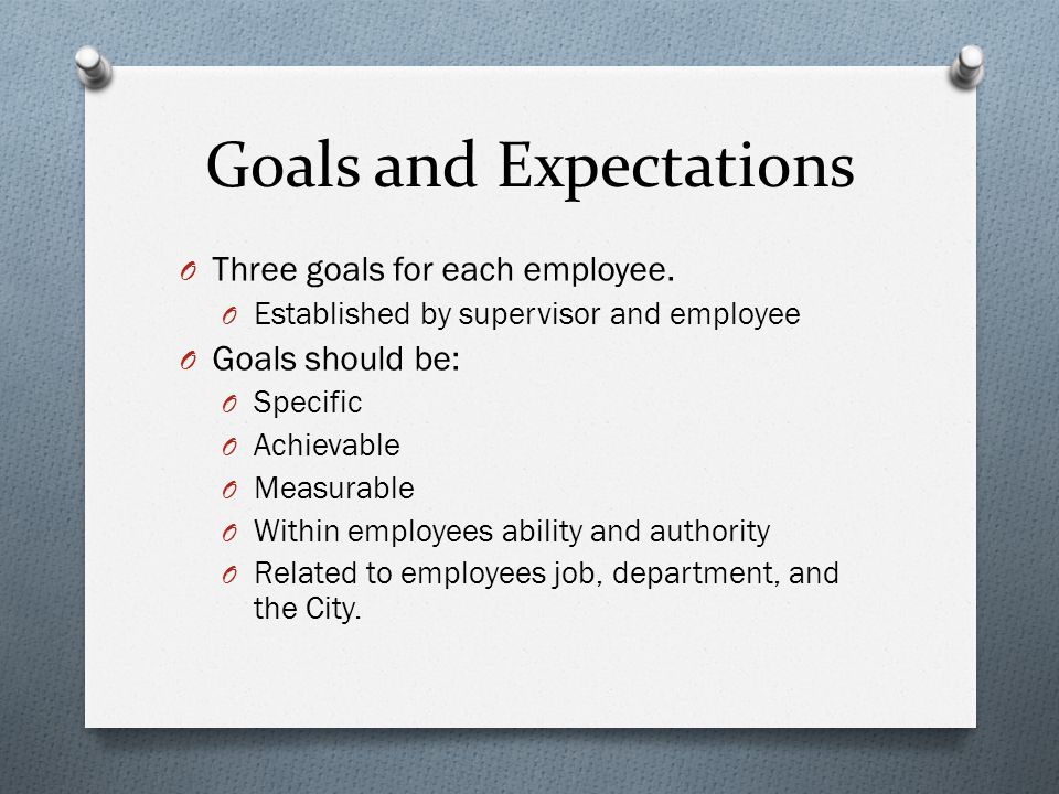 Goals and Expectations O Three goals for each employee.