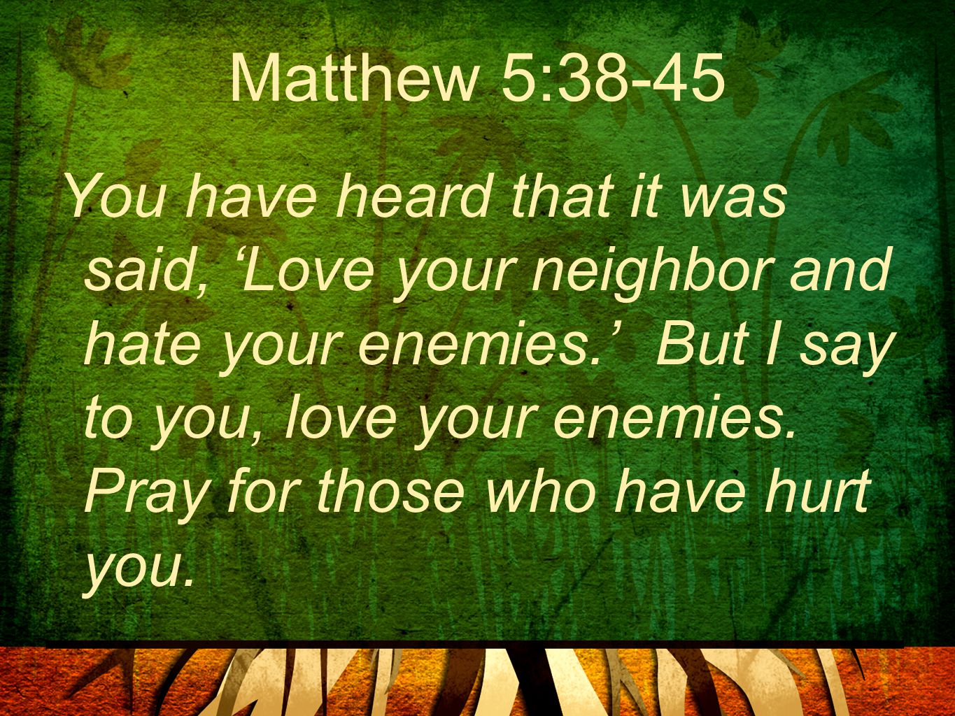 Matthew 5:38-45 You have heard that it was said, ‘Love your neighbor and hate your enemies.’ But I say to you, love your enemies.