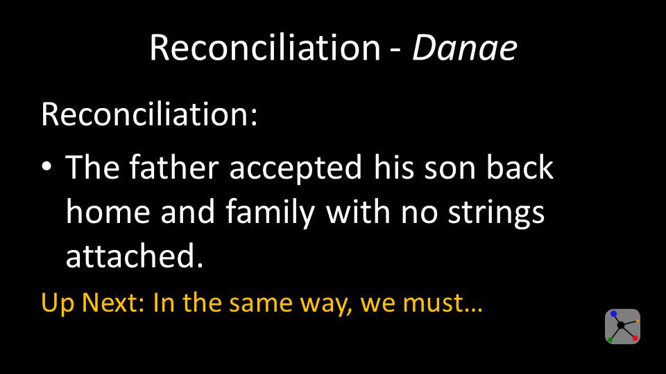 Reconciliation - Danae Reconciliation: The father accepted his son back home and family with no strings attached.