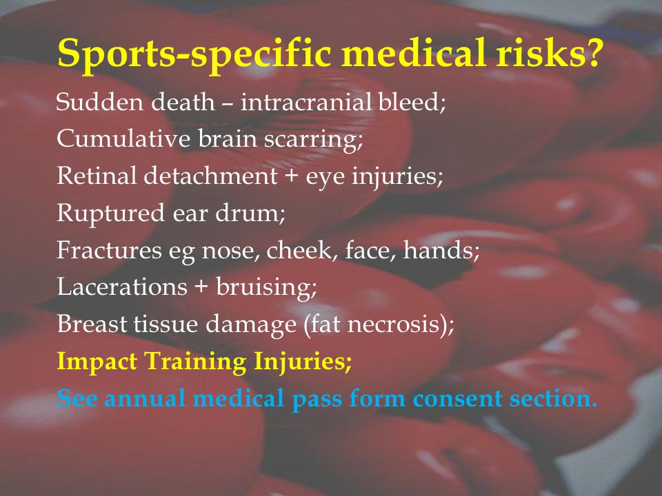 Sports-specific medical risks.
