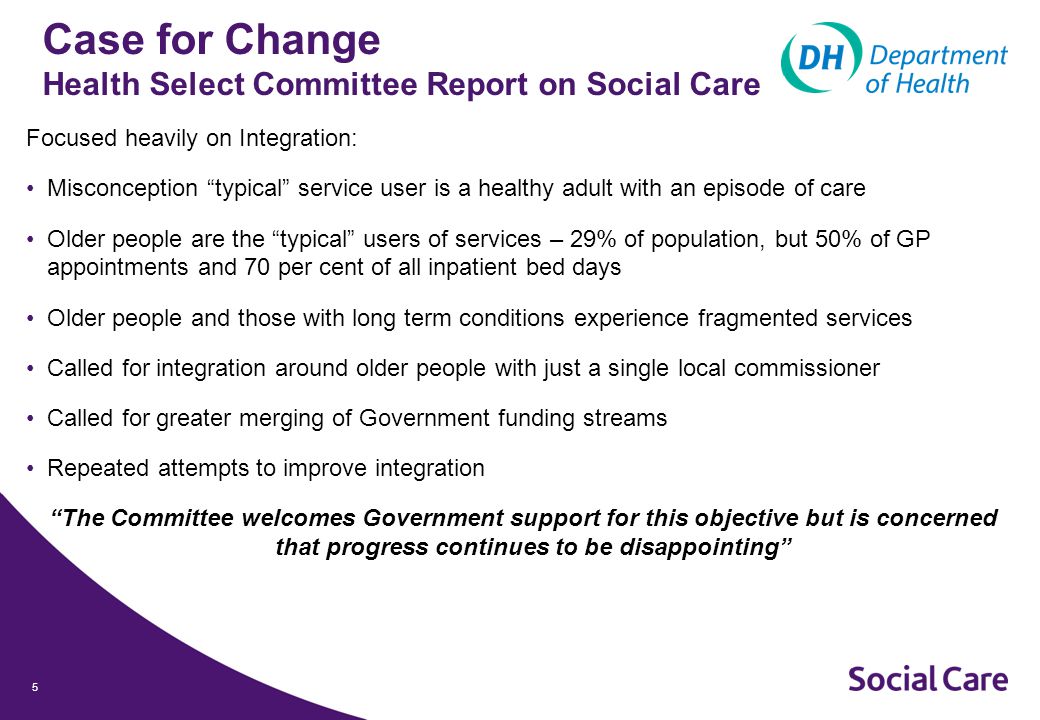 5 Case for Change Health Select Committee Report on Social Care Focused heavily on Integration: Misconception typical service user is a healthy adult with an episode of care Older people are the typical users of services – 29% of population, but 50% of GP appointments and 70 per cent of all inpatient bed days Older people and those with long term conditions experience fragmented services Called for integration around older people with just a single local commissioner Called for greater merging of Government funding streams Repeated attempts to improve integration The Committee welcomes Government support for this objective but is concerned that progress continues to be disappointing