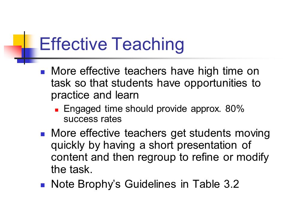 Effective Teaching More effective teachers have high time on task so that students have opportunities to practice and learn Engaged time should provide approx.
