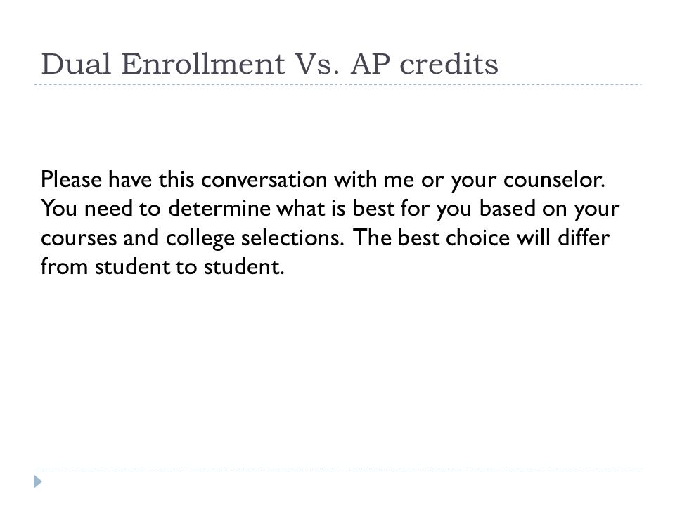 Dual Enrollment Vs. AP credits Please have this conversation with me or your counselor.