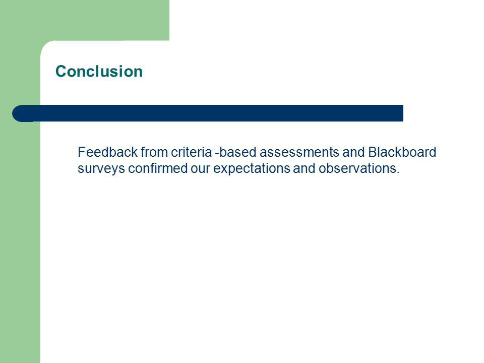 Conclusion Feedback from criteria -based assessments and Blackboard surveys confirmed our expectations and observations.