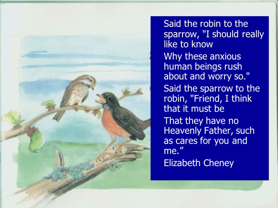Said the robin to the sparrow, I should really like to know Why these anxious human beings rush about and worry so. Said the sparrow to the robin, Friend, I think that it must be That they have no Heavenly Father, such as cares for you and me. Elizabeth Cheney