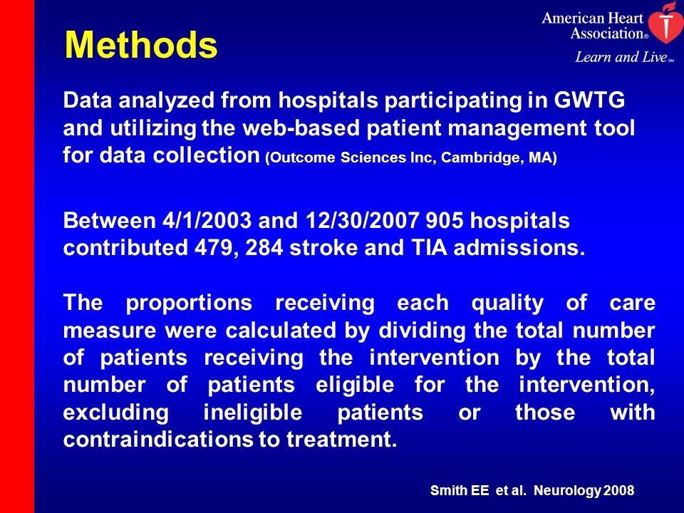 Methods Data analyzed from hospitals participating in GWTG and utilizing the web-based patient management tool for data collection (Outcome Sciences Inc, Cambridge, MA) Between 4/1/2003 and 12/30/ hospitals contributed 479, 284 stroke and TIA admissions.