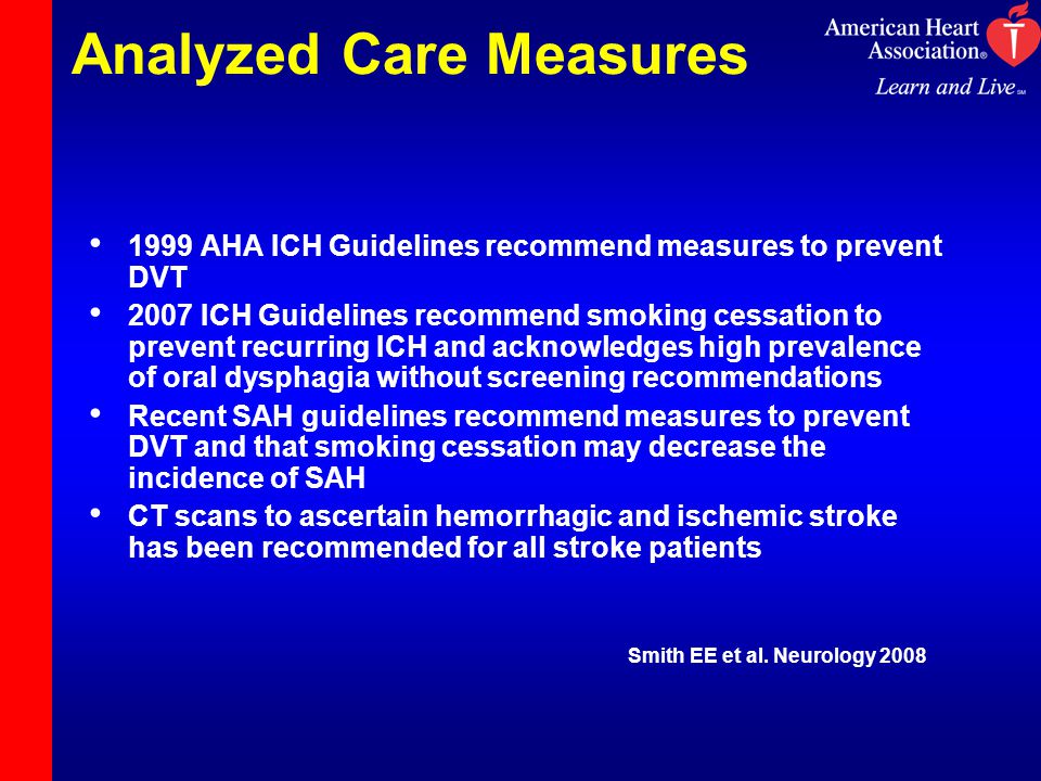 Analyzed Care Measures 1999 AHA ICH Guidelines recommend measures to prevent DVT 2007 ICH Guidelines recommend smoking cessation to prevent recurring ICH and acknowledges high prevalence of oral dysphagia without screening recommendations Recent SAH guidelines recommend measures to prevent DVT and that smoking cessation may decrease the incidence of SAH CT scans to ascertain hemorrhagic and ischemic stroke has been recommended for all stroke patients Smith EE et al.