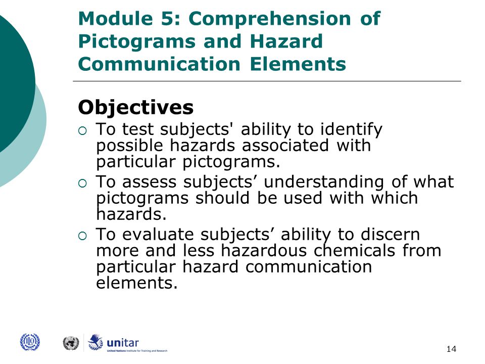 14 Module 5: Comprehension of Pictograms and Hazard Communication Elements Objectives  To test subjects ability to identify possible hazards associated with particular pictograms.