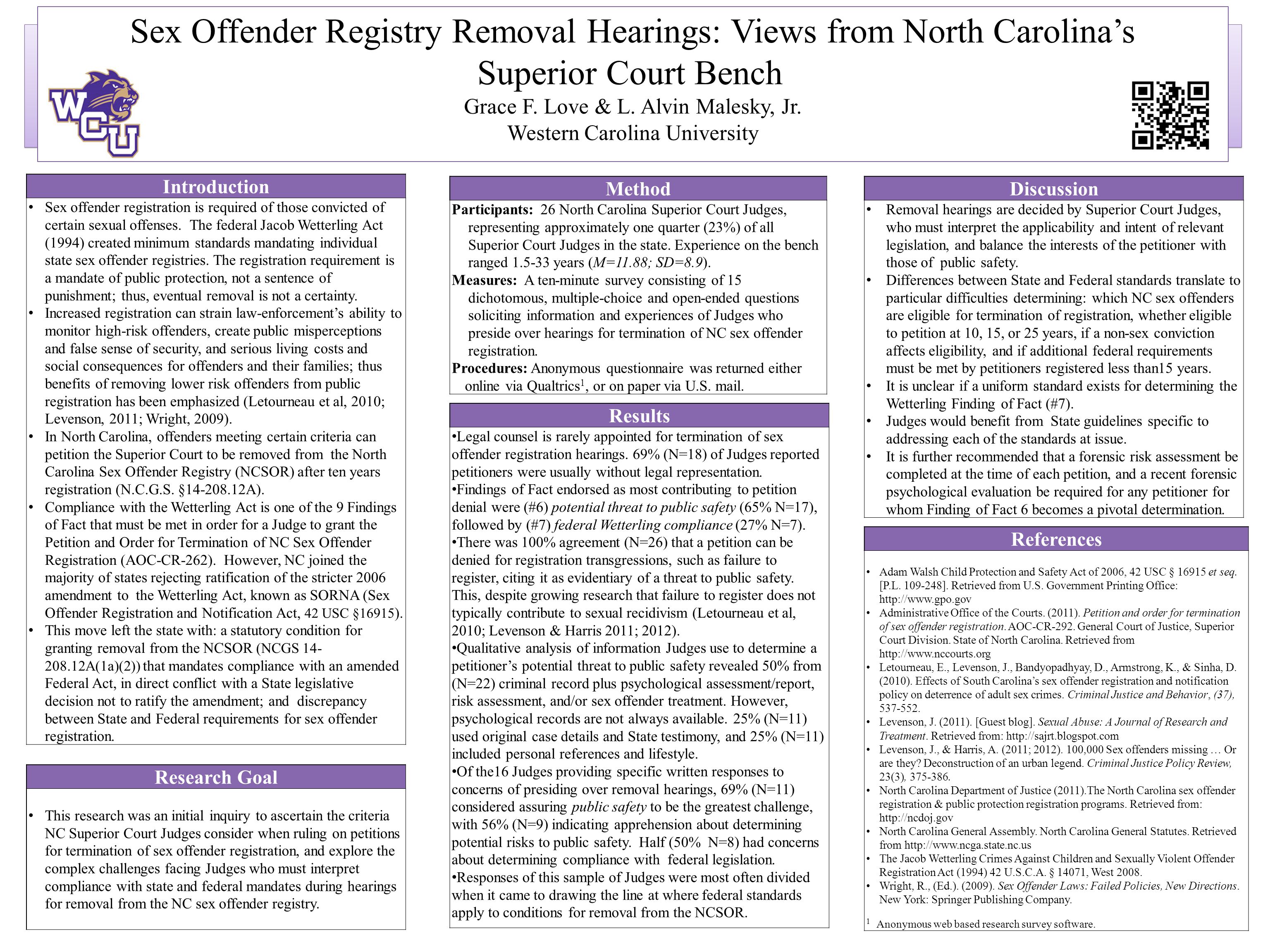 Sex Offender Registry Removal Hearings: Views from North Carolina’s Superior Court Bench Grace F.